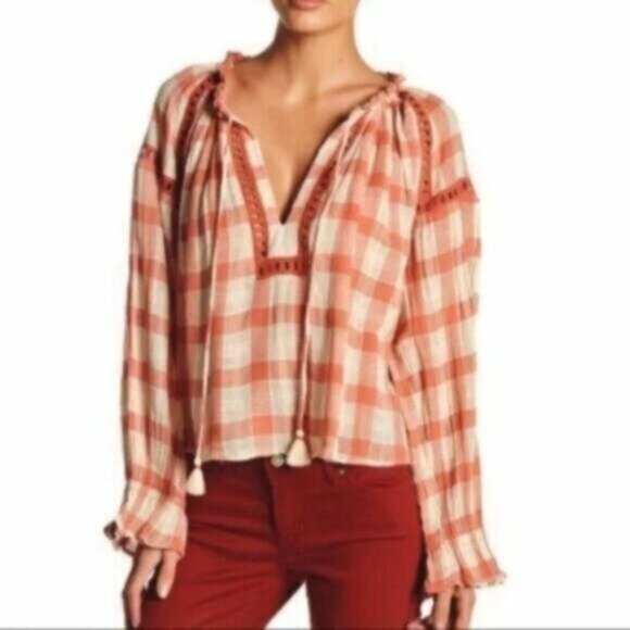 NWT Free People | Orange & Ivory Honey Grove Ruffle Plaid Blouse Top Size Small - Picture 1 of 12